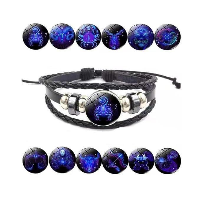 Zodiac Constellation Braided Design Black Leather Bracelet Adjustable - Pick Baye