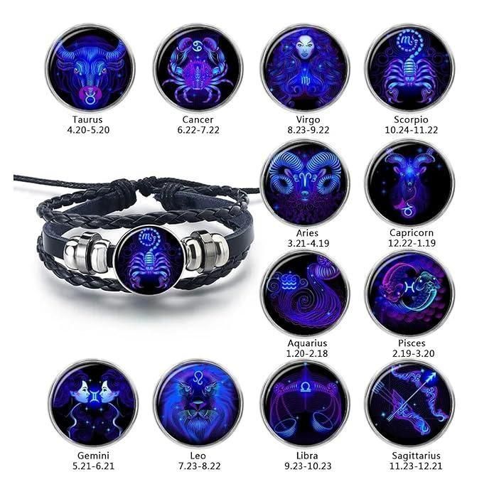 Zodiac Constellation Braided Design Black Leather Bracelet Adjustable - Pick Baye